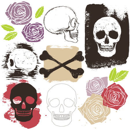 Big skull, crossbones and rose flower grunge style set, vector isolated objects and signsのイラスト素材