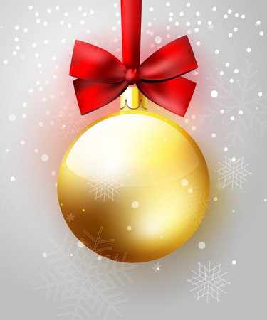 Gold hanging Christmas ball with red bow and ribbon, snowy winter vector illustrationのイラスト素材