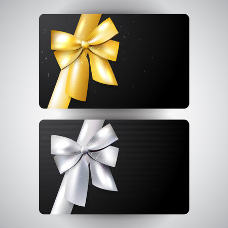 Vector luxury gift card set, black cards with golden and silver shiny bowsのイラスト素材