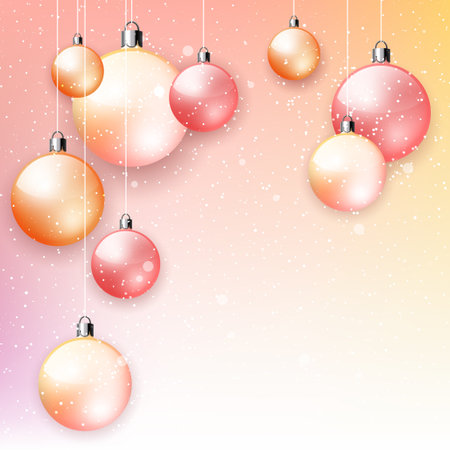 Pink elegant Christmas ornament background, winter banner with Christmas balls; vector illustrationのイラスト素材