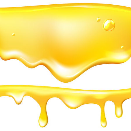 Vector realistic honey drips set, sweet yellow bright backgroundのイラスト素材