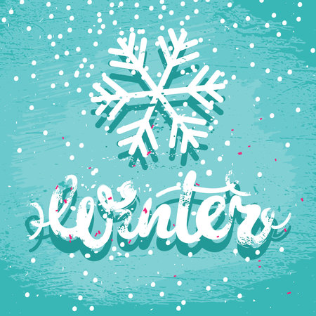 Winter season calligraphy grunge card; vector lettering with snowflake on a textured turquoise backgroundのイラスト素材