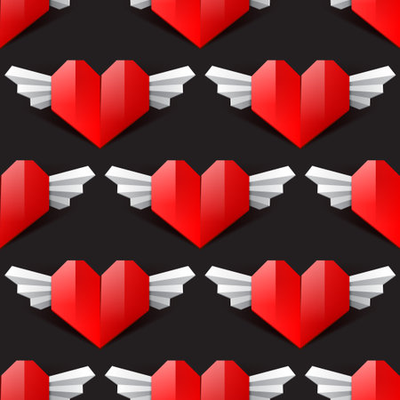 Heart seamless vector background, red paper origami heart with wings, pattern for Saint Valentines Dayのイラスト素材