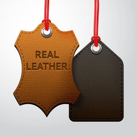 Leather texture tags set, vector set with two black and brown hanging labelsのイラスト素材