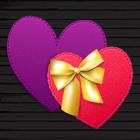 Couple valentine bright textured hearts, vector template illustration in purple and pink colors with golden bow on a dark wood backgroundのイラスト素材