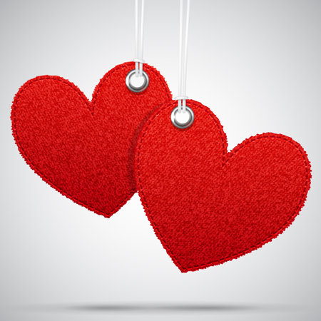 Two vector hanging realistic fabric decoration red hearts, textured template romantic design empty elements for Saint Valentine's Dayのイラスト素材