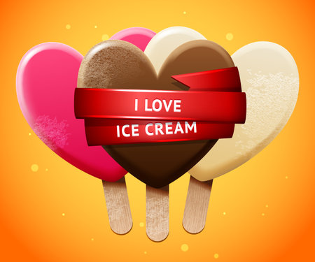 Sweet vector heart shaped realistic ice-cream set, chill bright poster design "I love ice cream"のイラスト素材