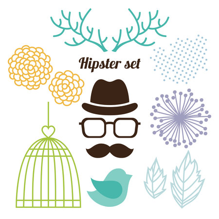 Hipster set with men face, cage, horns and flowersのイラスト素材
