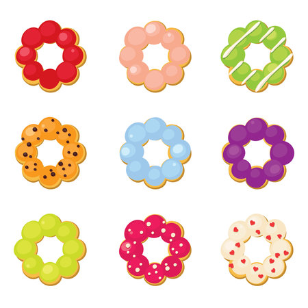 Ring donuts set with different toppingsのイラスト素材