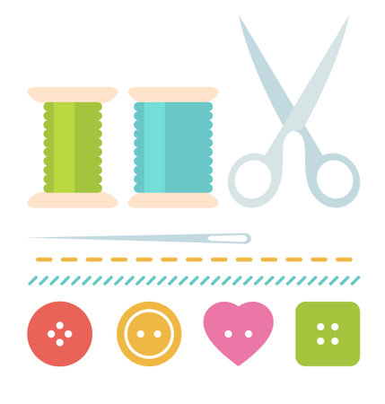 Simple sew set with buttons, scissors, needle and spool of thread in flat styleのイラスト素材