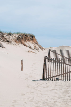 Cape Cod beach with wooden fence, nature backgroundの写真素材