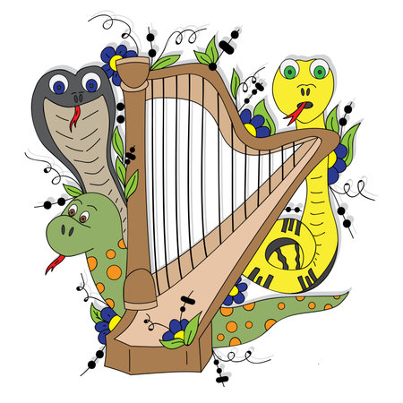 Harp and snakes.Vector illustration, bright, hand-drawnのイラスト素材