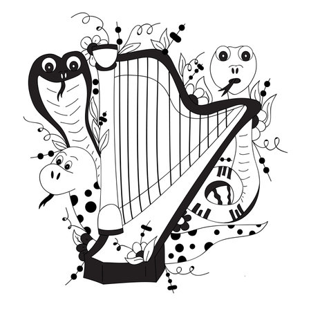 Harp and snakes. Vector illustration, black and white, hand-drawnのイラスト素材