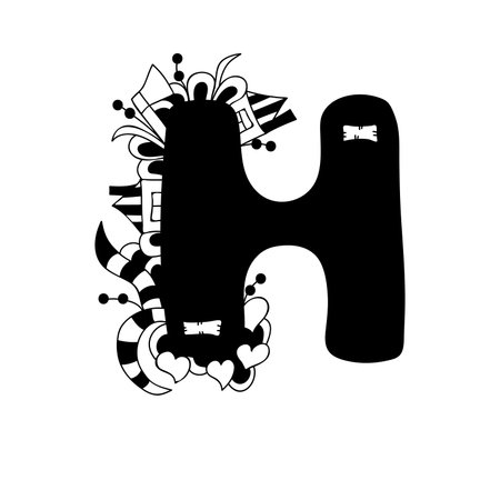 Letter H.Vector illustration, black and white, hand-drawnのイラスト素材