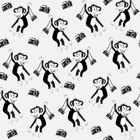 Monkey with camera.Seamless pattern, black and white, hand-drawnのイラスト素材