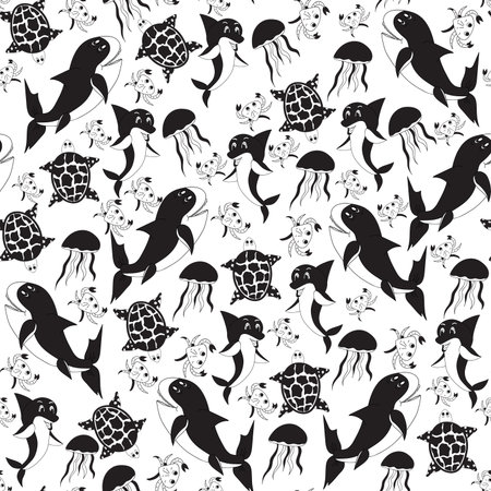 Marine life.Seamless pattern, black and white, hand-drawnのイラスト素材
