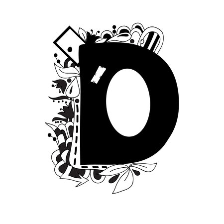 Letter D.Vector illustration, black and white, hand-drawnのイラスト素材