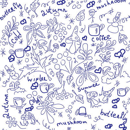 Children's doodle. Seamless pattern, blue outline, drawn by handのイラスト素材