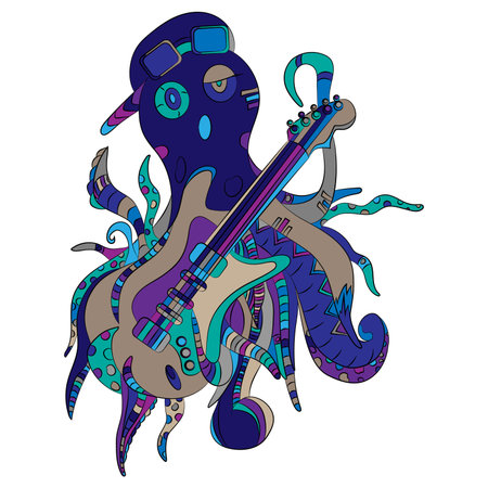 Octopus with a guitar. A vector illustration, bright, hand-drawn.のイラスト素材