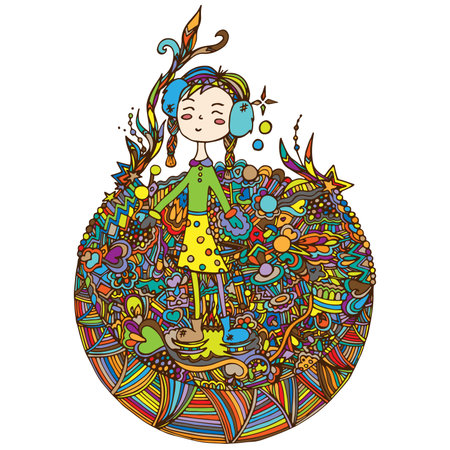 A girl on skates. A vector, a caricature, a doodle drawn by handのイラスト素材