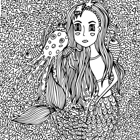 Mermaid girl and sea creatures, mosaic. Vektor illustration, doodle drawn by handのイラスト素材