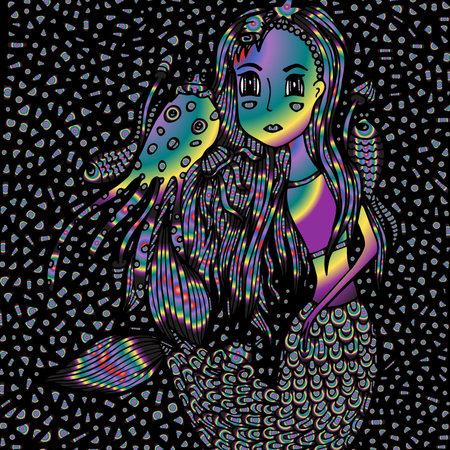 Mermaid girl and sea creatures, mosaic. Vektor illustration, doodle drawn by handのイラスト素材