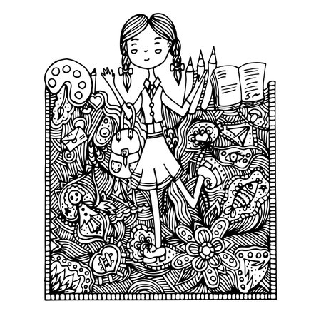 School girl with monochrome hand drawn accessoriesのイラスト素材