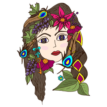 The girl's face in berries, flowers, peacock feathers. Vector illustration, psychedelic pattern, doodle, summerのイラスト素材