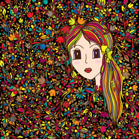 The girl's face in flowers. The vector illustration, a sketch drawn by handのイラスト素材