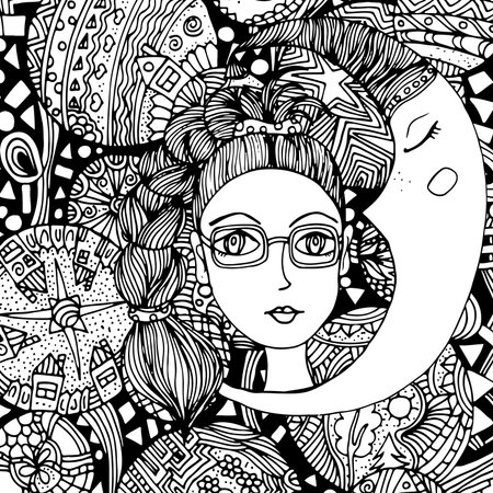 The face of a girl with a hairdo, doodle. A vector illustration drawn by handのイラスト素材