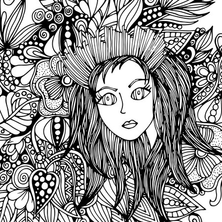 The face of a girl with a hairdo, doodle. A vector illustration drawn by handのイラスト素材