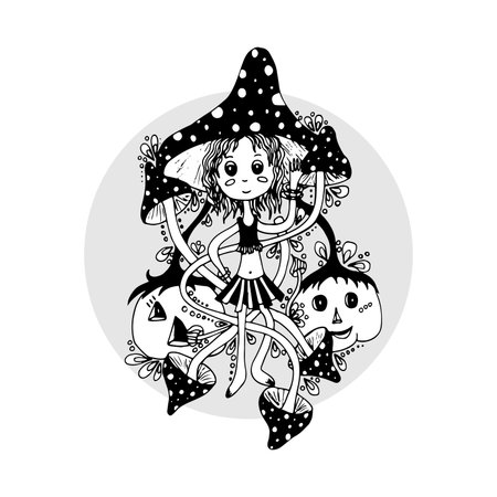 Girl mushroom amanita. Sketch hand drawnのイラスト素材