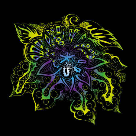 Abstract floral pattern, drawn by hand, circles, lines, leavesのイラスト素材