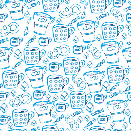 Tea with sweets.Seamless pattern, hand-drawnのイラスト素材