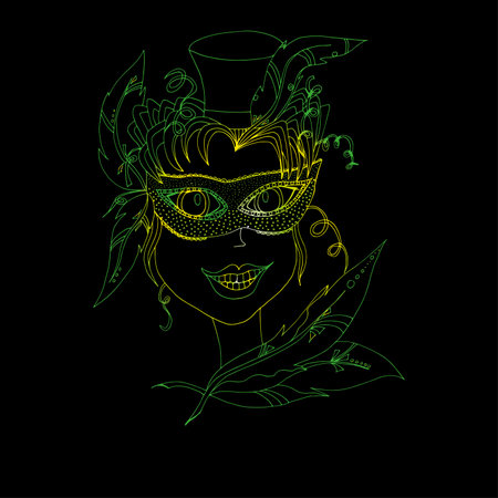 Beautiful girl in carnival mask. Hand drawn sketch. Holiday outfit. Hairstyle with feathers. Hat cylinder.のイラスト素材