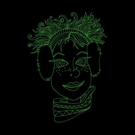 The face of a girl with curly hair in headphones. Hand drawn sketch.のイラスト素材