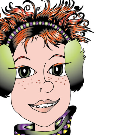 The face of a girl with curly hair in headphones. Hand drawn sketch.のイラスト素材