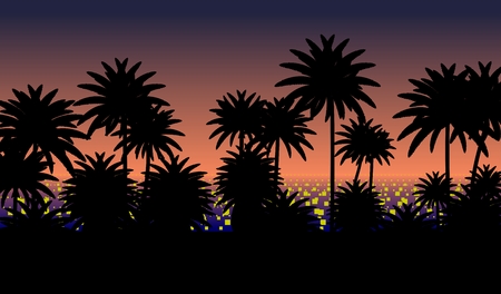 Sunset against a background of cityscape with silhouettes of palmsのイラスト素材