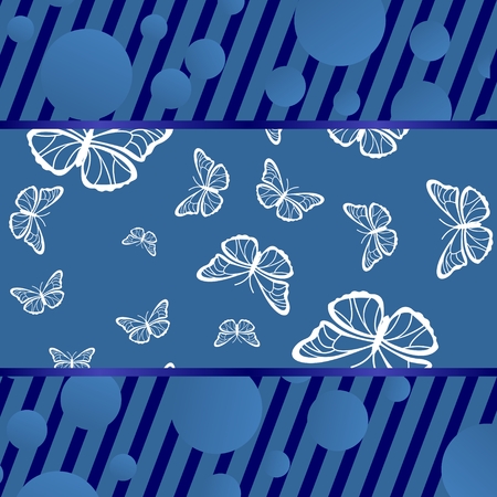 Background with circles, lines and silhouettes of butterfliesのイラスト素材