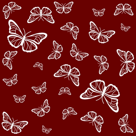Silhouettes of white butterflies on a red backgroundのイラスト素材