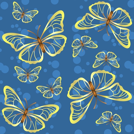 Blue background with golden butterflies and circles illustration.のイラスト素材