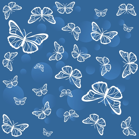 White butterflies on a blue background with circlesのイラスト素材