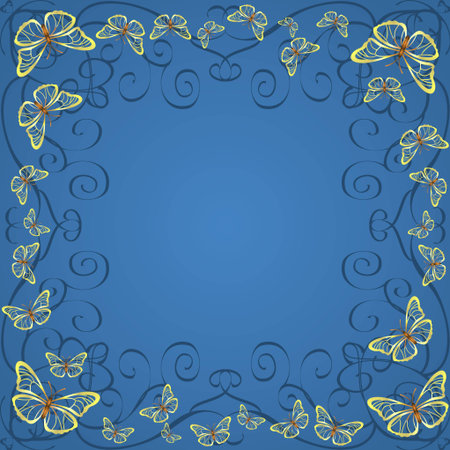 Frame with golden butterflies on a blue backgroundの写真素材