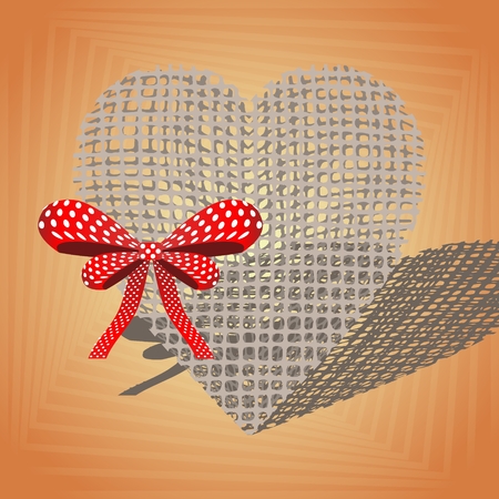 Linen heart with a red bow on an orange backgroundのイラスト素材