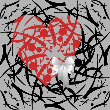 Red heart with a white bow on a gray background.のイラスト素材