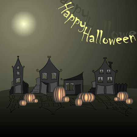 Halloween pumpkins and dark castle on blue Moon background, illustration.の写真素材
