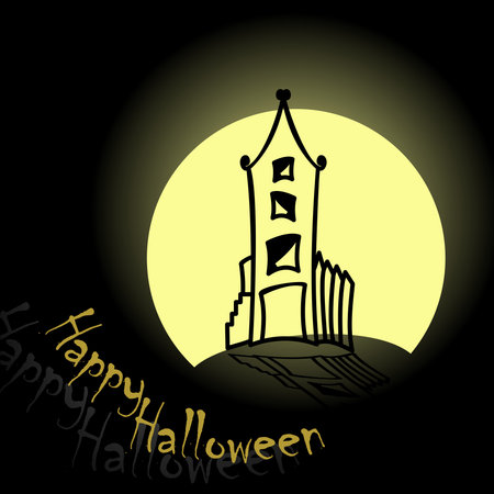 Halloween pumpkins and dark castle on blue Moon background, illustration.の写真素材