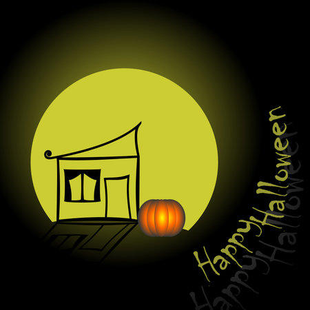 Halloween pumpkins and dark castle on blue Moon background, illustration.の写真素材