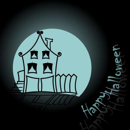 Halloween pumpkins and dark castle on blue Moon background, illustration.の写真素材
