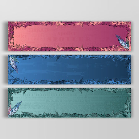Multicolored banners with feather frame on greyのイラスト素材